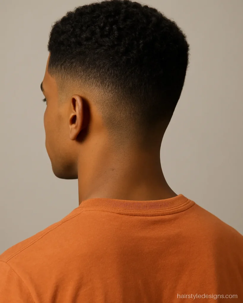 Army cut hairstyle boy look on short curly hair with a low taper