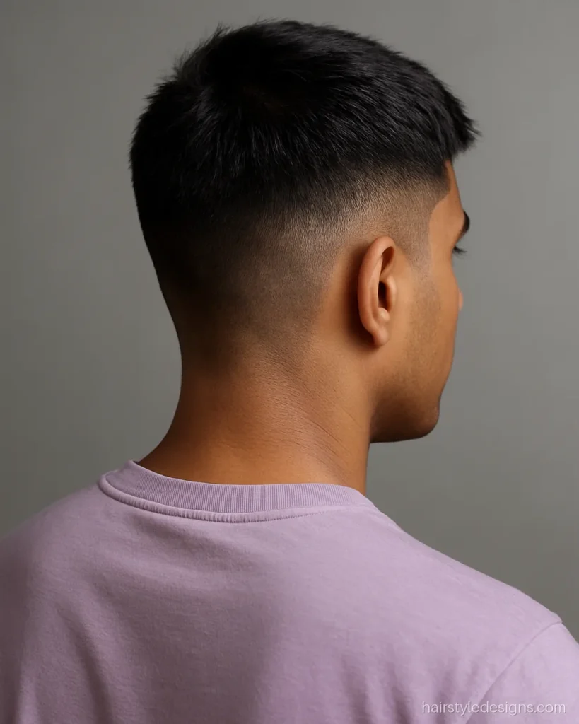 Army cut with a 2 cm textured top pushed forward and short sides