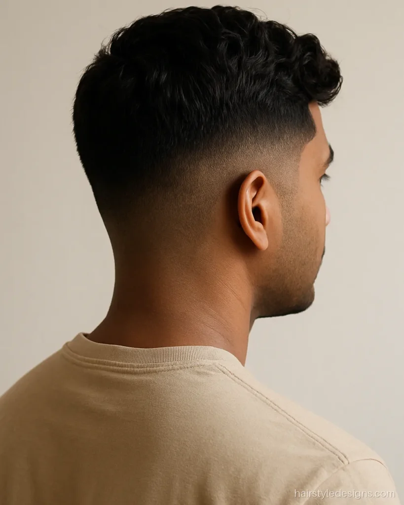 Army cut hairstyle on wavy hair with a short taper and soft top