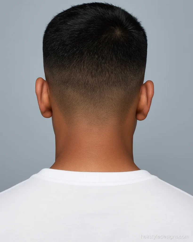 Army haircut with number 2 sides, number 4 top and a squared nape
