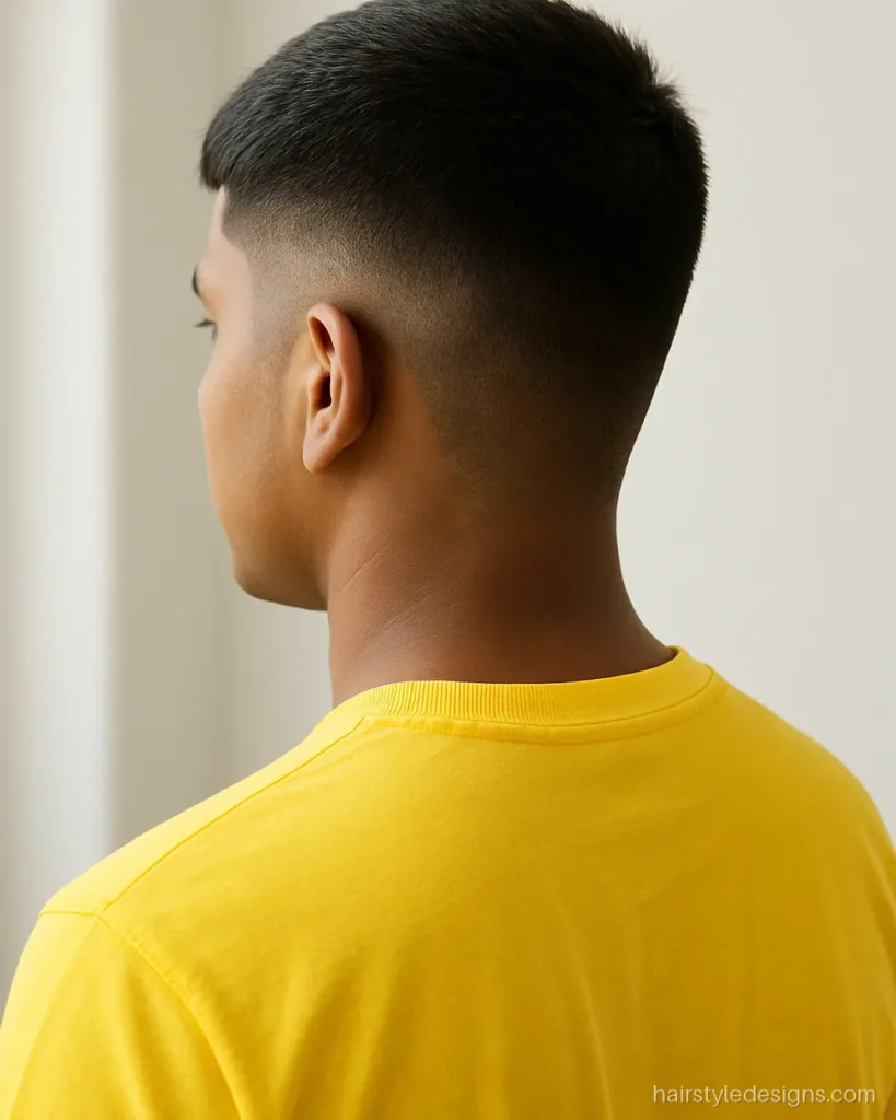 Boy army hair style for college with a soft taper and short top