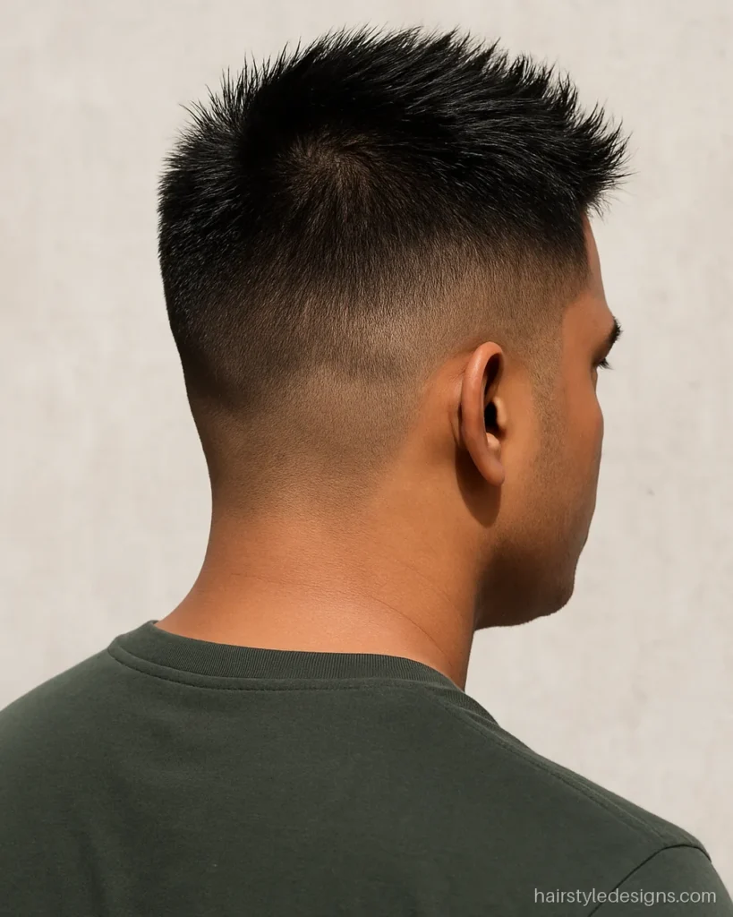 Commando cutting with number 1 sides and a short spiky top