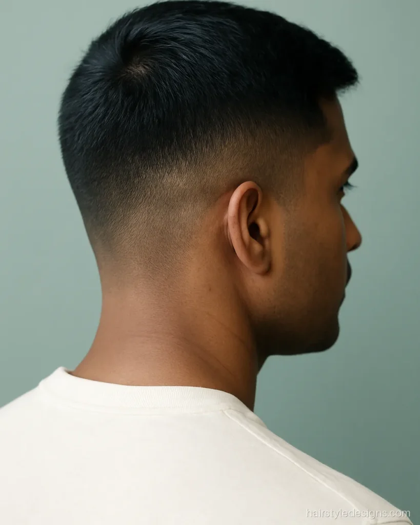 Crew cut army style with a short top brushed to the side