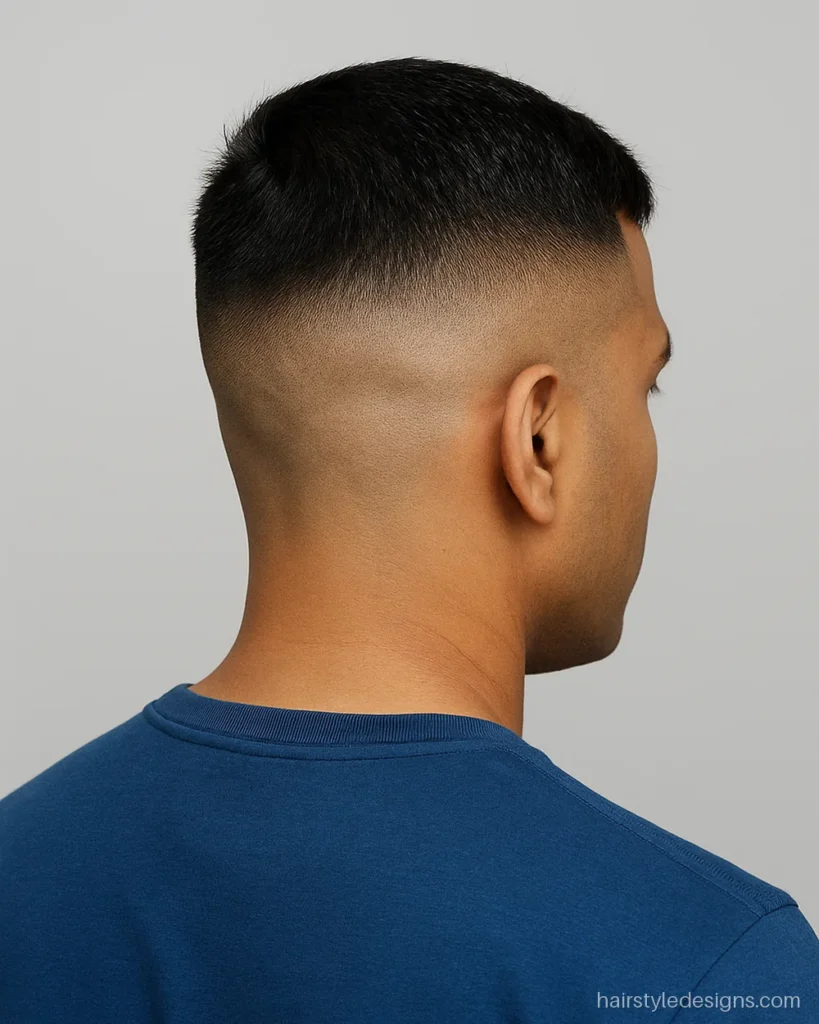 High and tight military haircut with skin sides and a short brushed top