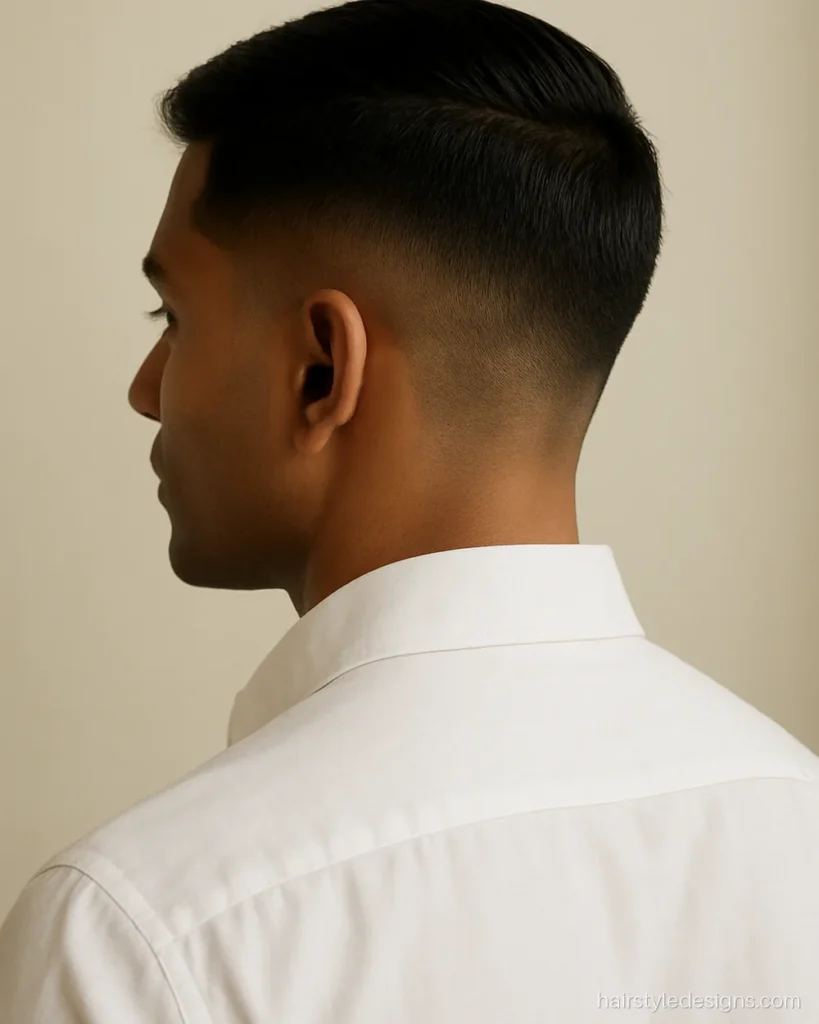 Indian army haircut with a short side part and tapered sides