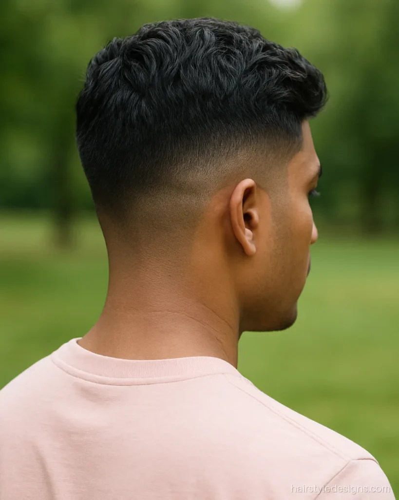 Low fade military haircut with number 3 on top and a clean neckline
