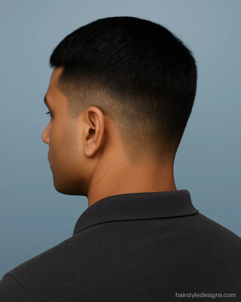 Police cutting hairstyle with a short straight crop and squared corners