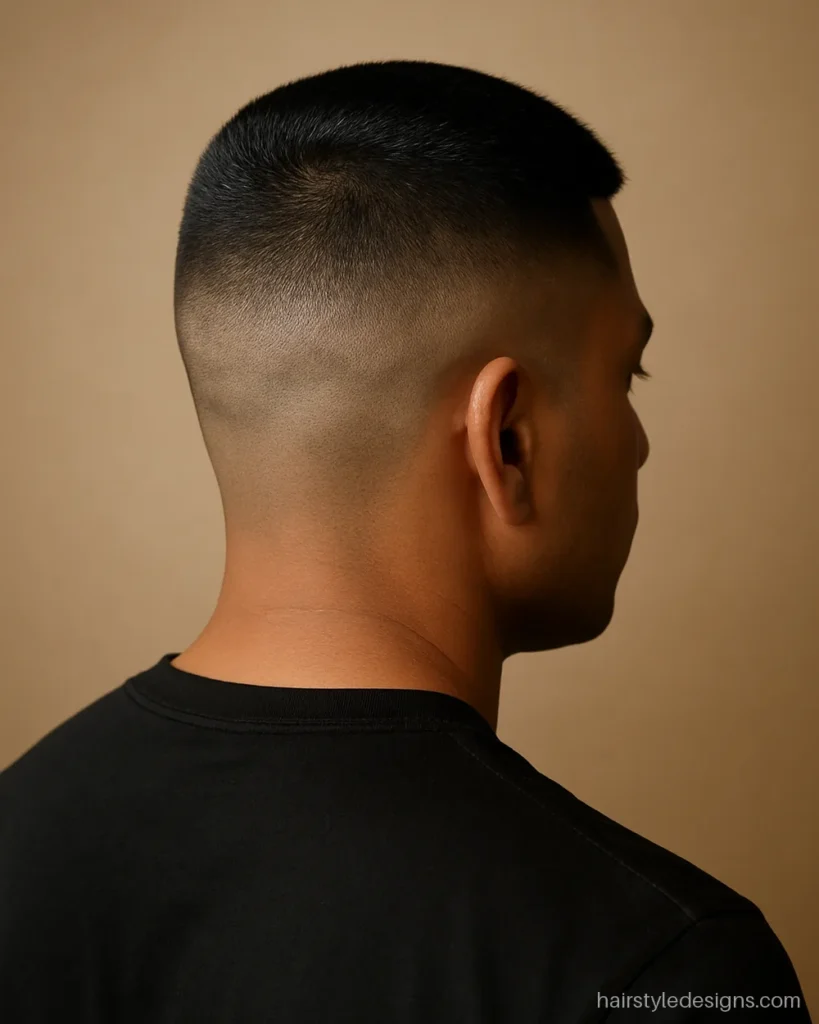 Recon style military cut with shaved sides and a narrow strip on top