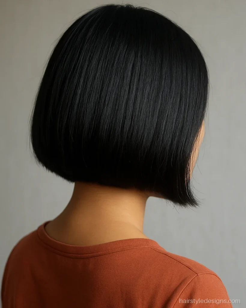Angled A line bob haircut, short at the back and long at the front