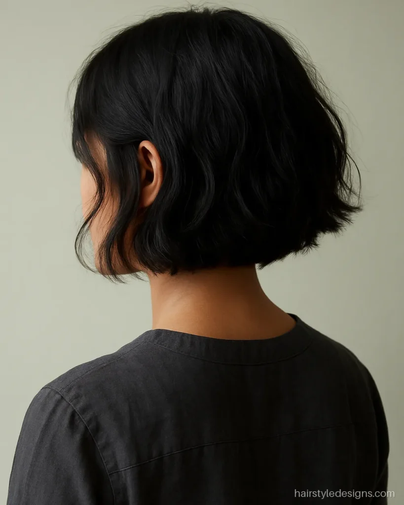Asymmetrical bob with a textured, choppy finish and soft bends