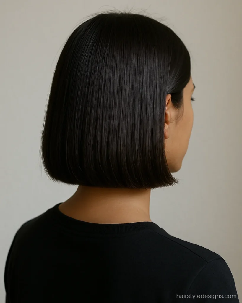 Blunt bob haircut at jaw length with a centre part and glossy finish