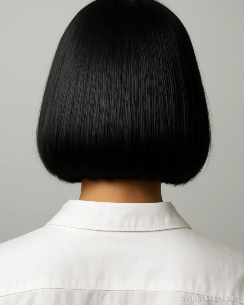 Classic bob cut with a blunt chin-length hem on straight black hair