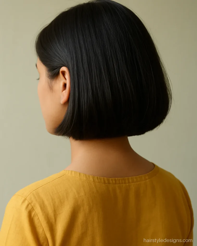 Classic bob haircut with a side part and one side tucked behind the ear