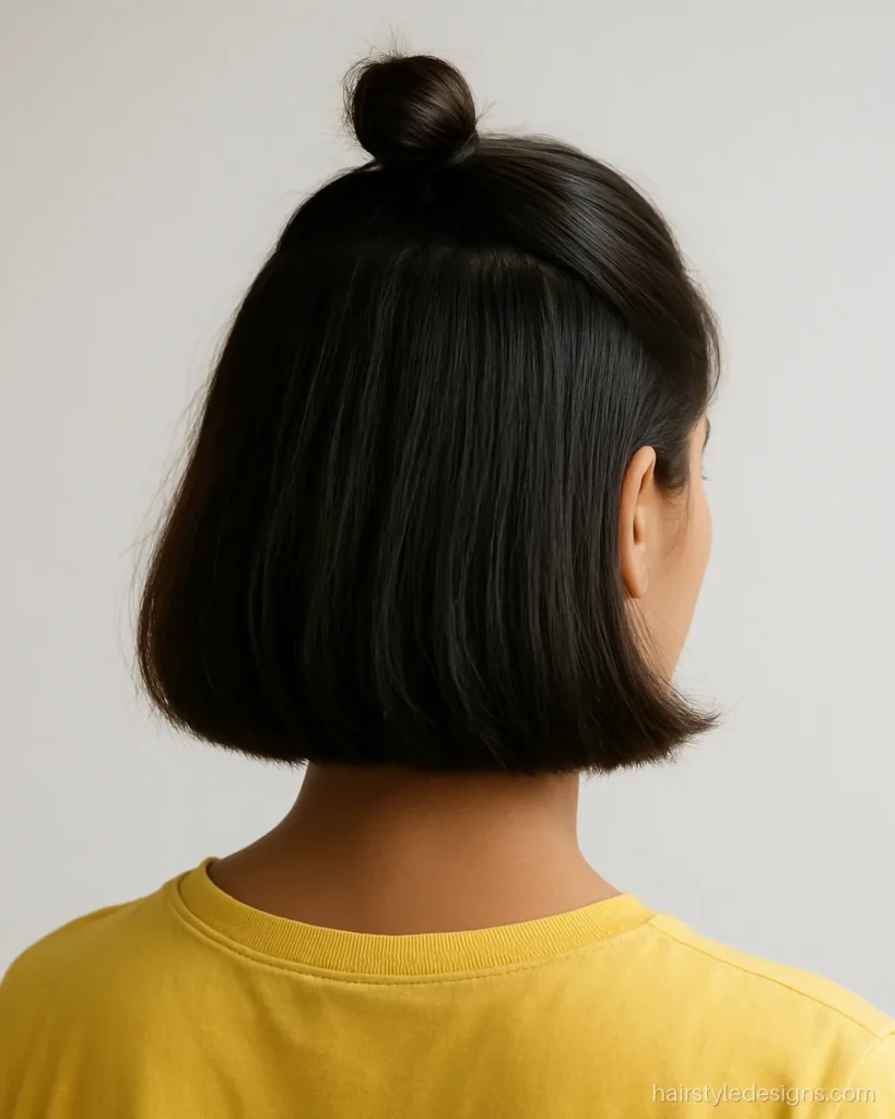 Bob cut for girls styled half-up with a small top knot at the crown