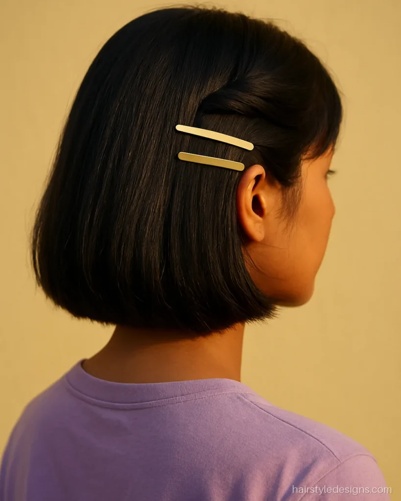 Bob haircut for girls with a side part and two plain hair clips