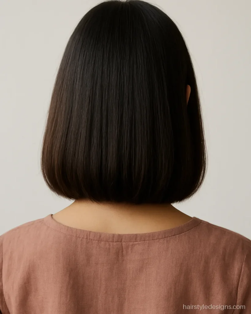 Long bob haircut at collarbone length with a straight blunt hemline