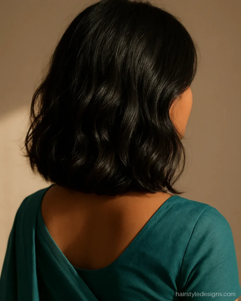Lob cut with soft loose waves brushing the shoulders from behind