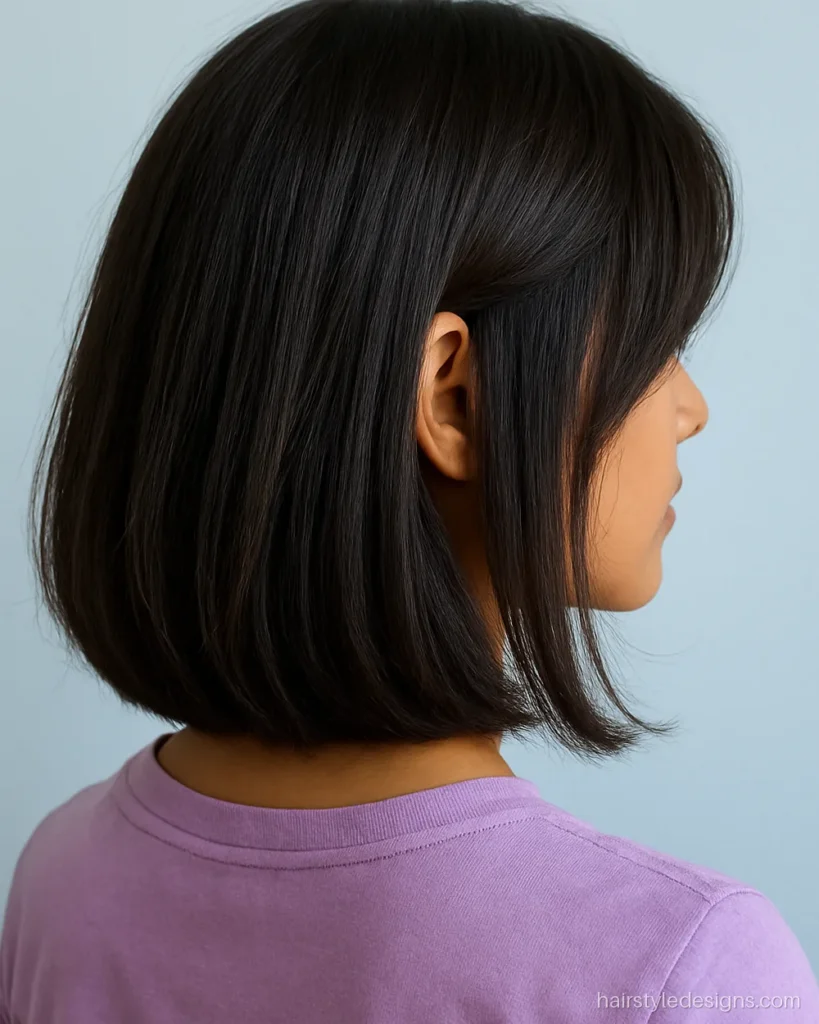 Long bob with curtain bangs seen from the side with the face turned away
