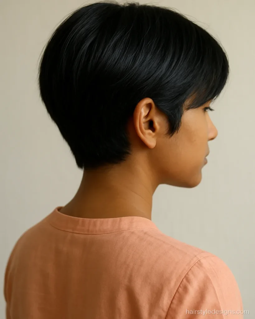 Pixie bob haircut at ear length with a long side swept fringe