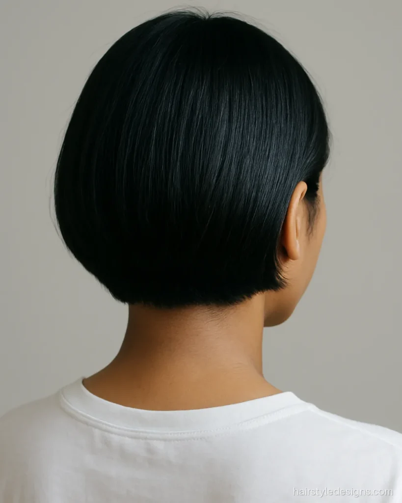 Short bob cut at jaw length with a neat tapered nape from the back