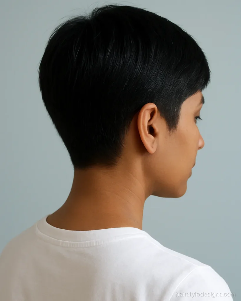 Short pixie cut with a tapered nape and a soft longer top from the back