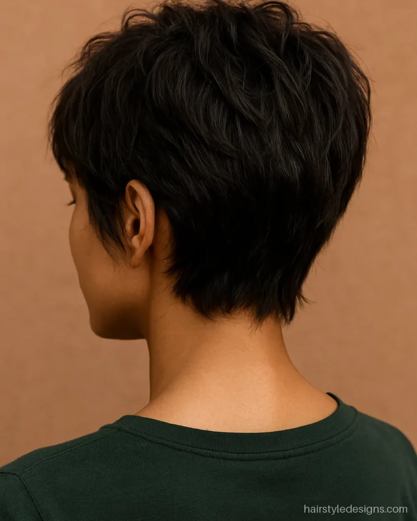 Textured pixie cut with messy piecey lengths at the crown