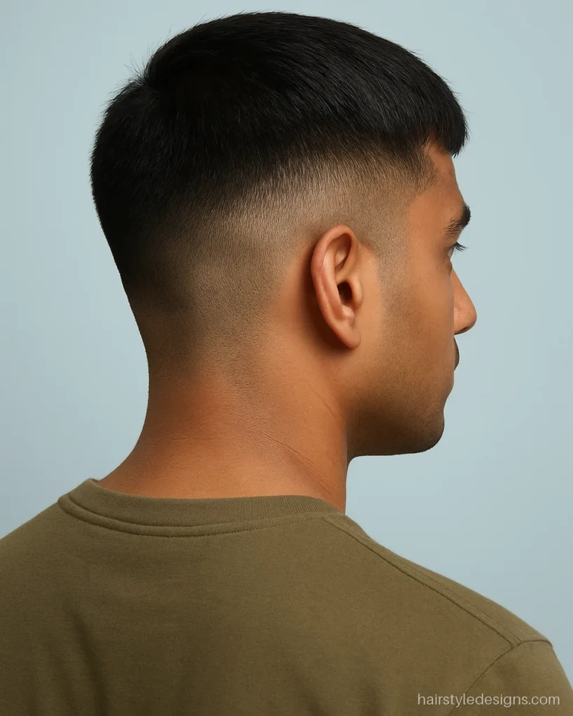 Boys hairstyle for college, a crew cut with a short light fringe