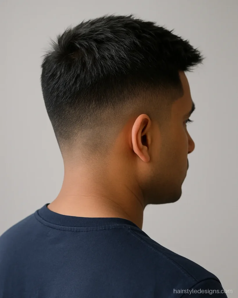 College boys hairstyle with a low taper and textured top pushed forward