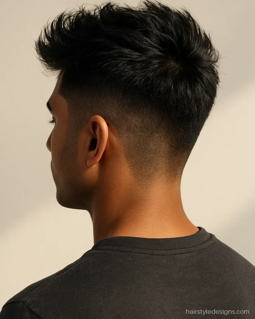 Stylish hairstyle boy look with a mid fade and messy quiff on top