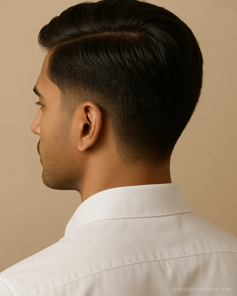 Hairstyle for boys in college with a clean side part and short sides