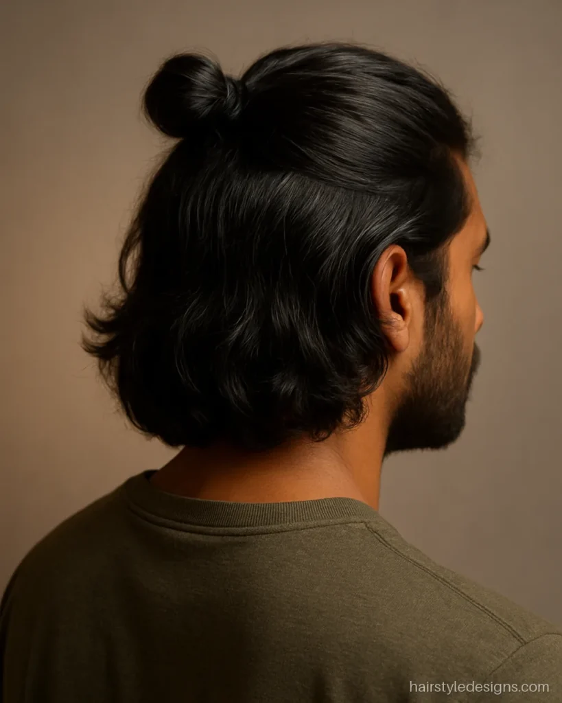Boys long hair in a half up top knot with the rest left loose