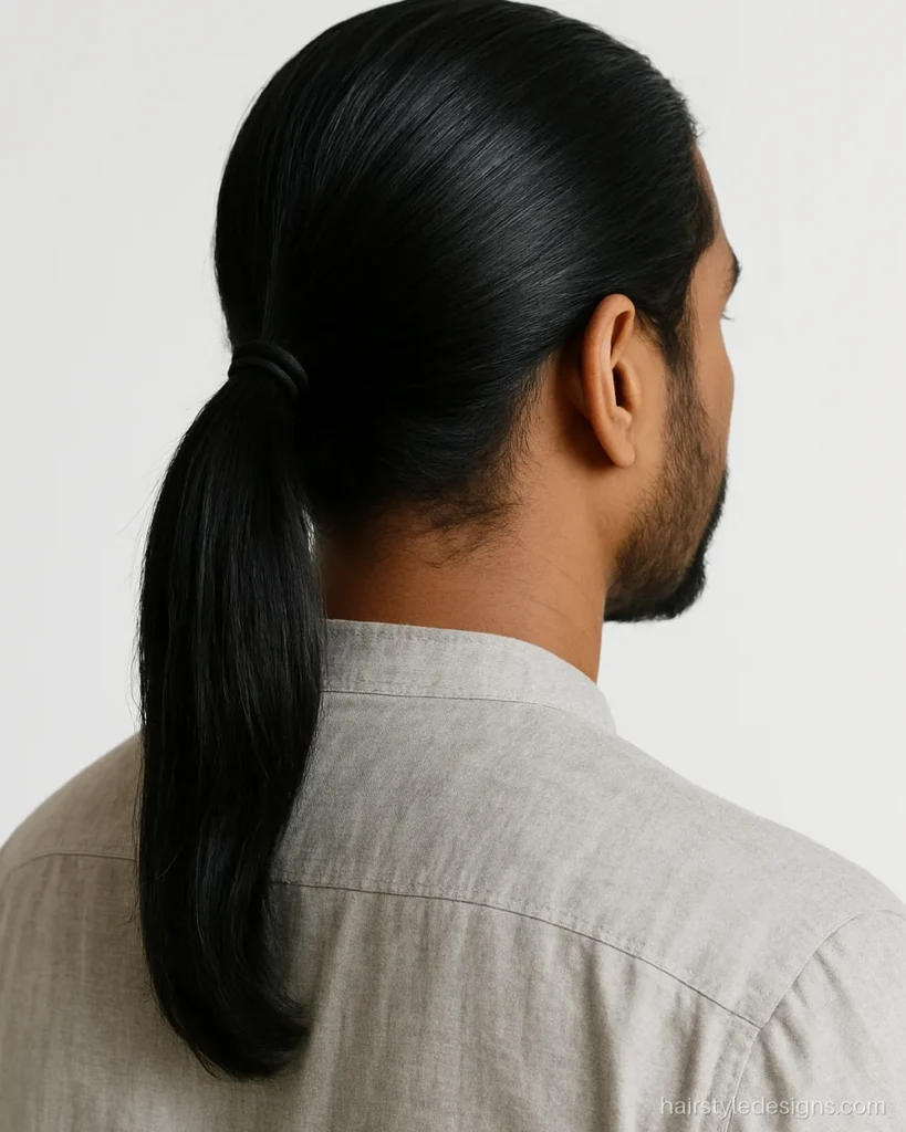 Long hair boys hairstyle tied in a neat low ponytail at the nape