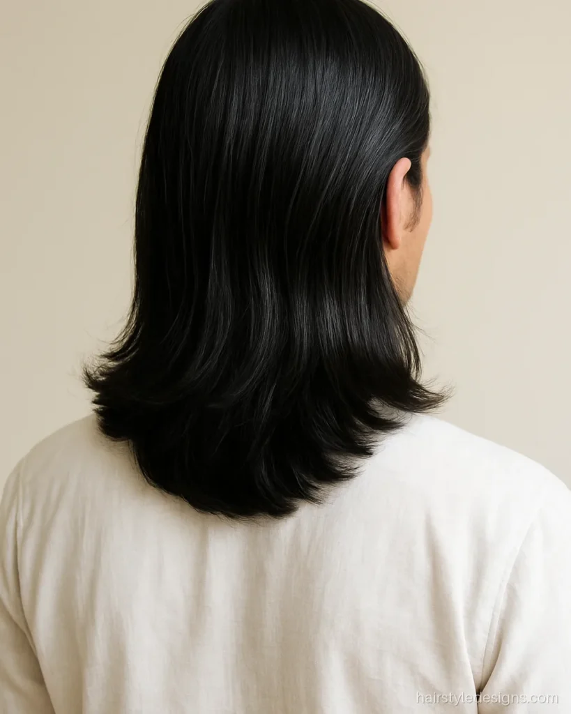 Long boys hairstyle at shoulder length tucked behind the ears