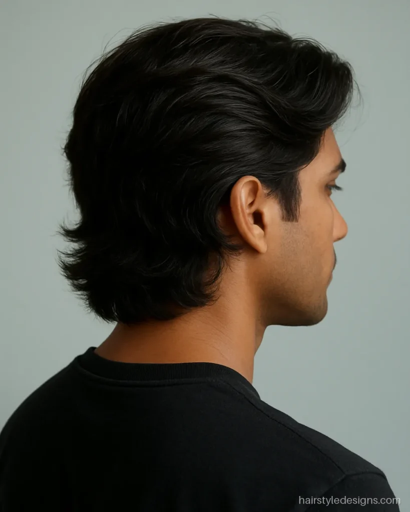 Boys hairstyle with wavy medium flow hair pushed back behind the ears