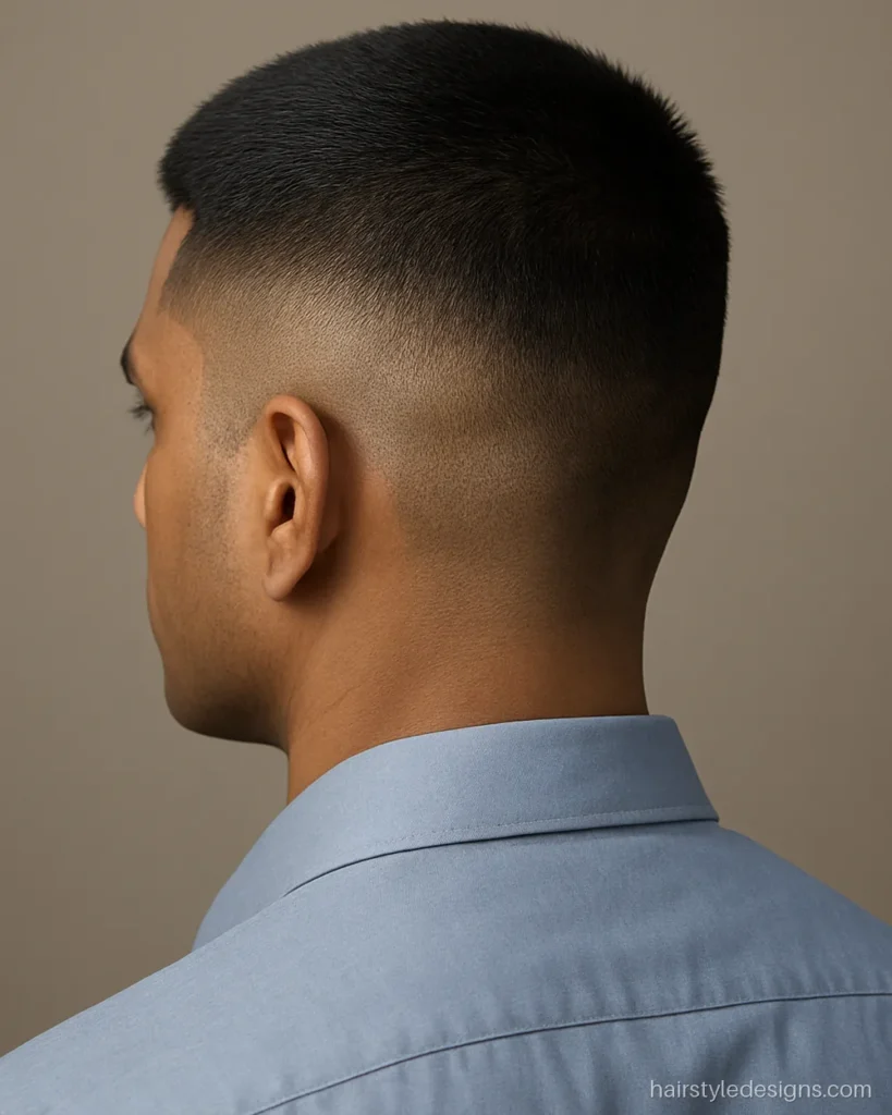 Police cutting hairstyle boy with very short sides and a flat neat top