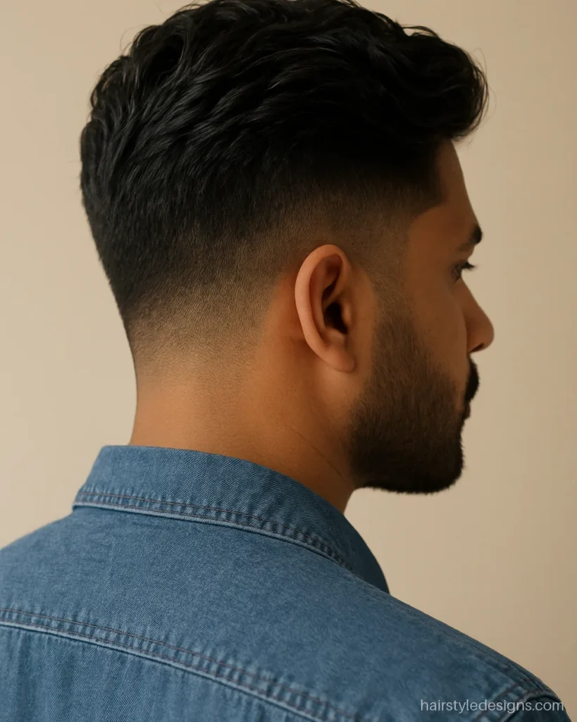Boys hairstyle with beard, a low fade blending into a short beard