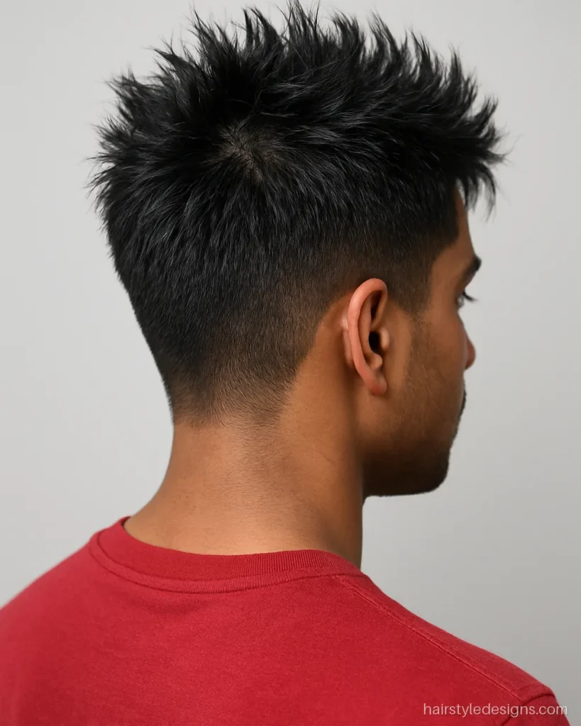 Hairstyle boy look with short messy spikes on thick hair