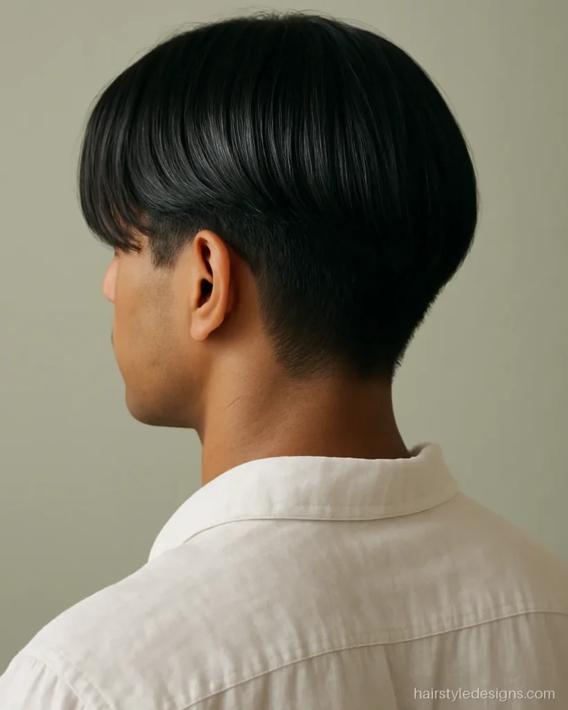 Trending hairstyle for boys with a curtain middle part and soft sides