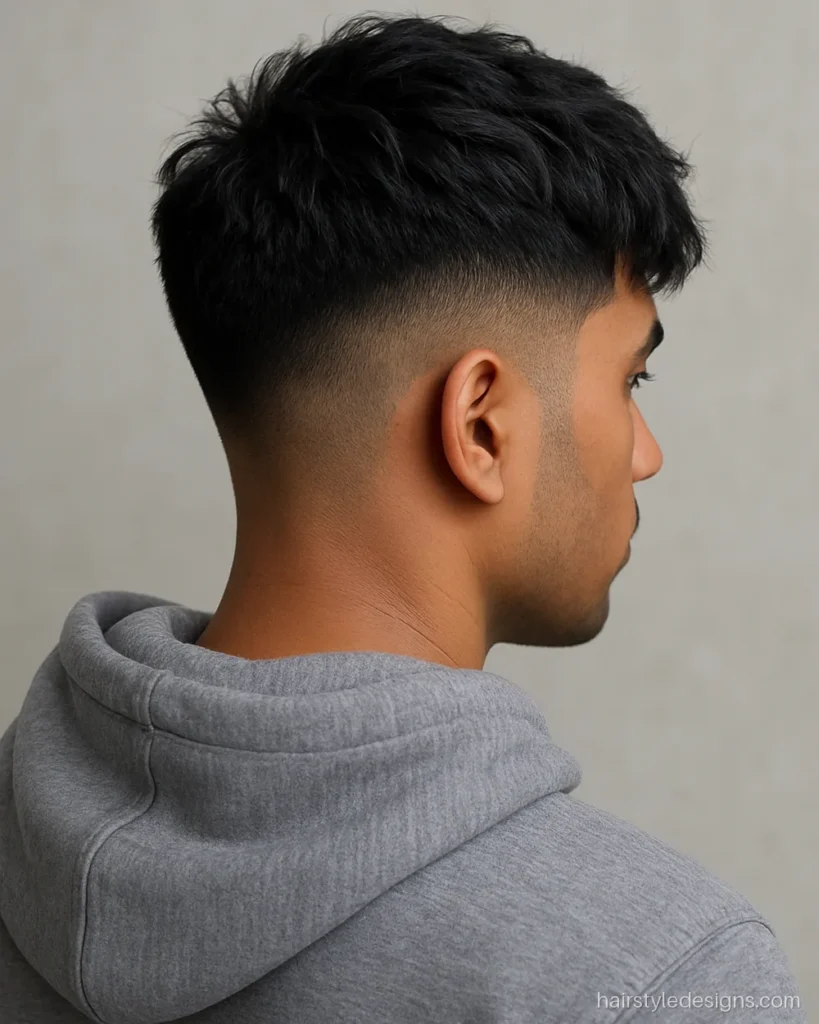 Stylish hairstyle boy cut with a burst fade and textured fringe
