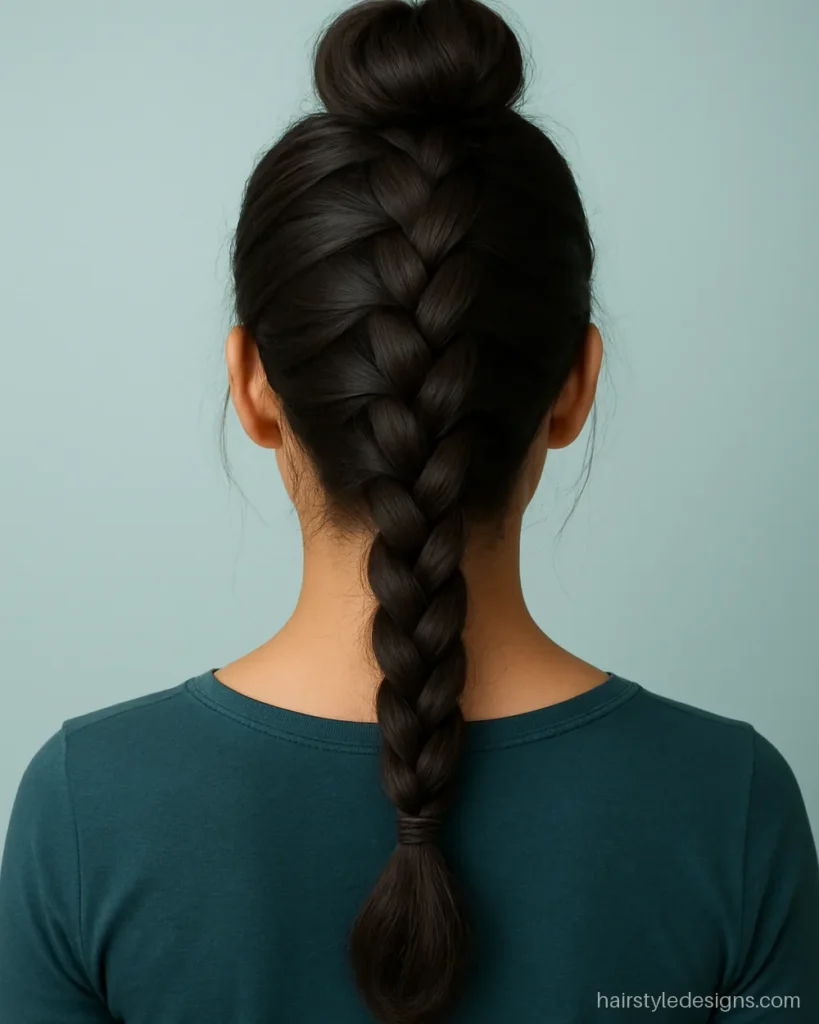 Braided bun with a Dutch braid running up from the nape