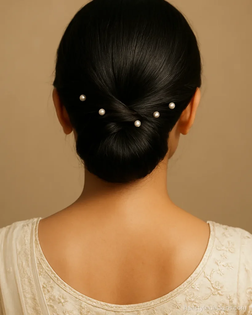 Twisted chignon hairstyle with pearl pins for party wear