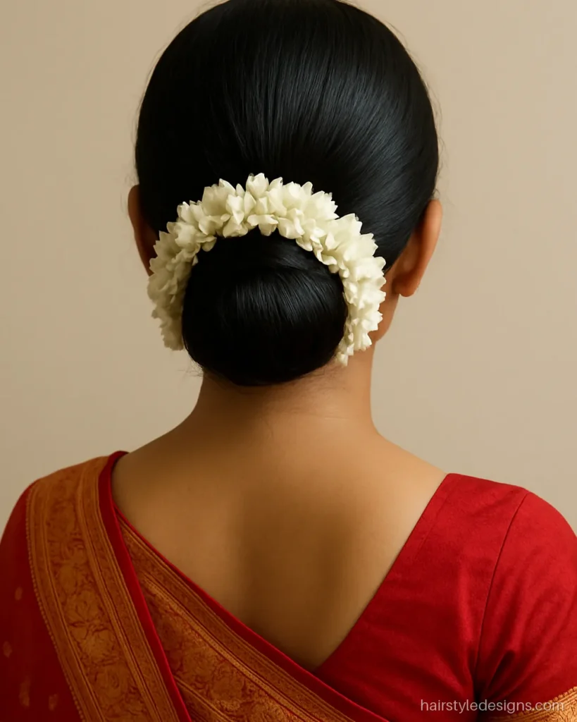 Gajra bun hairstyle with a full mogra wrap around a low juda
