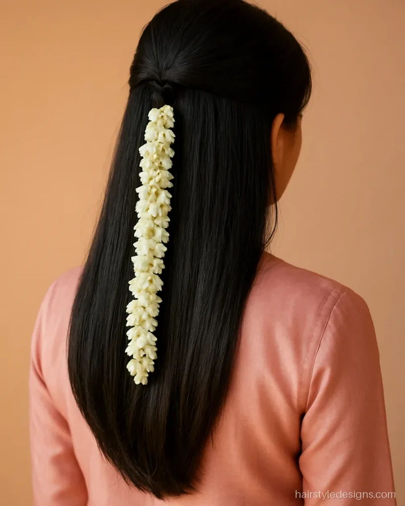 Gajra hairstyle open hair style with a half up clip and flowers