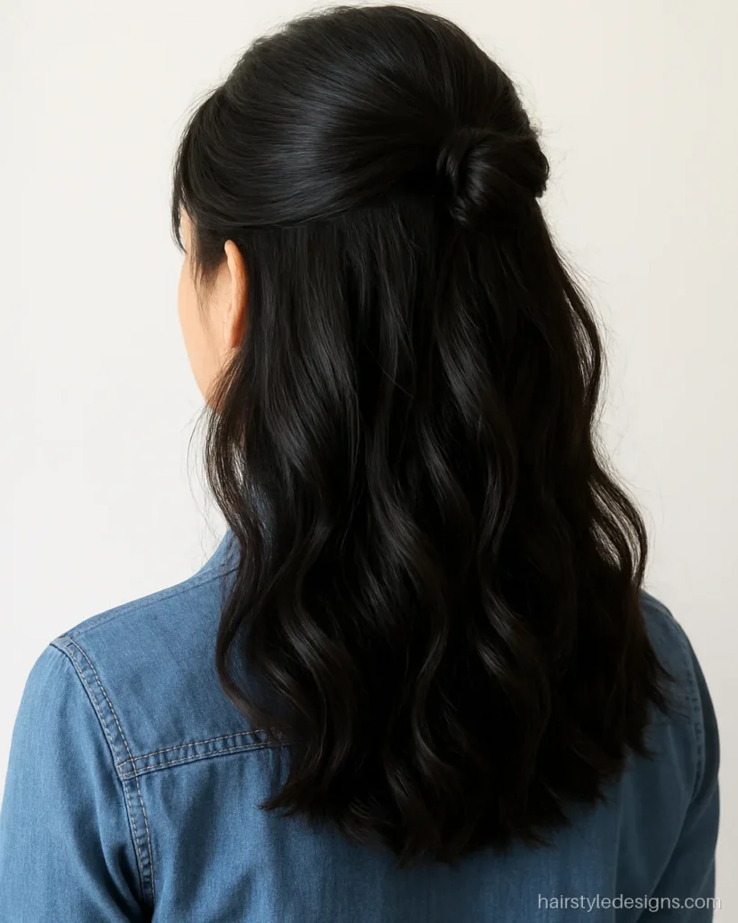 Half bun hairstyle with a small top bun and open waves below