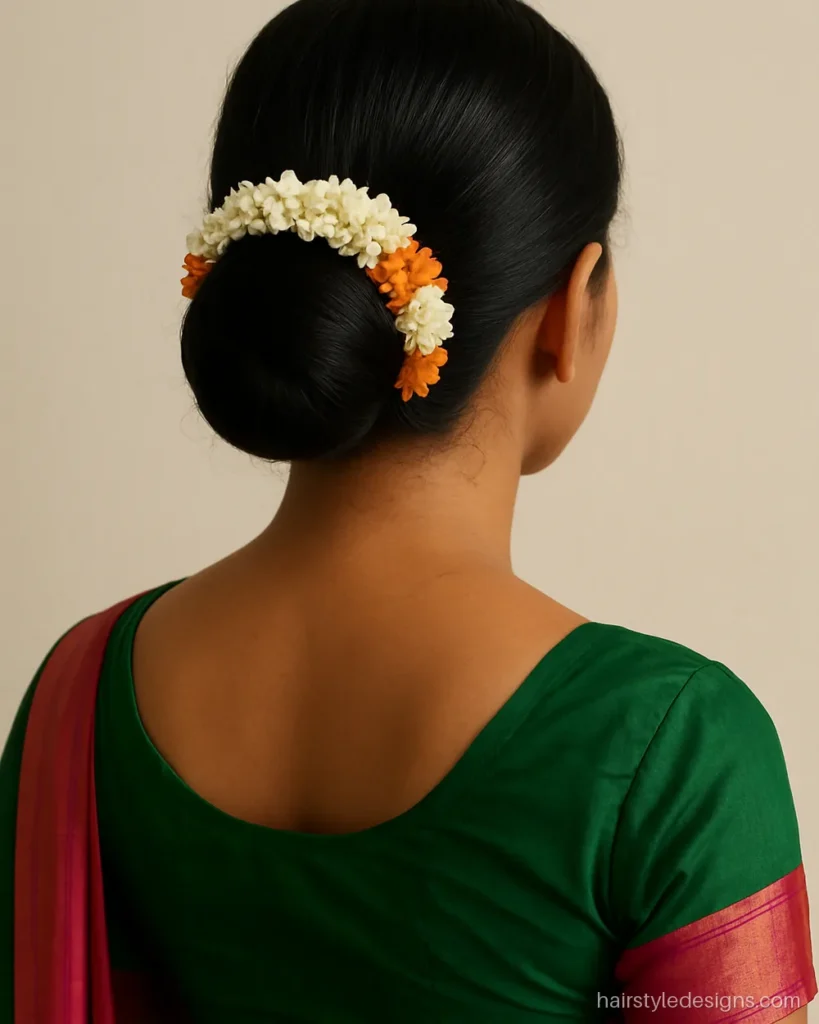 Bun maharashtrian look hairstyle with a nauvari saree and flower veni