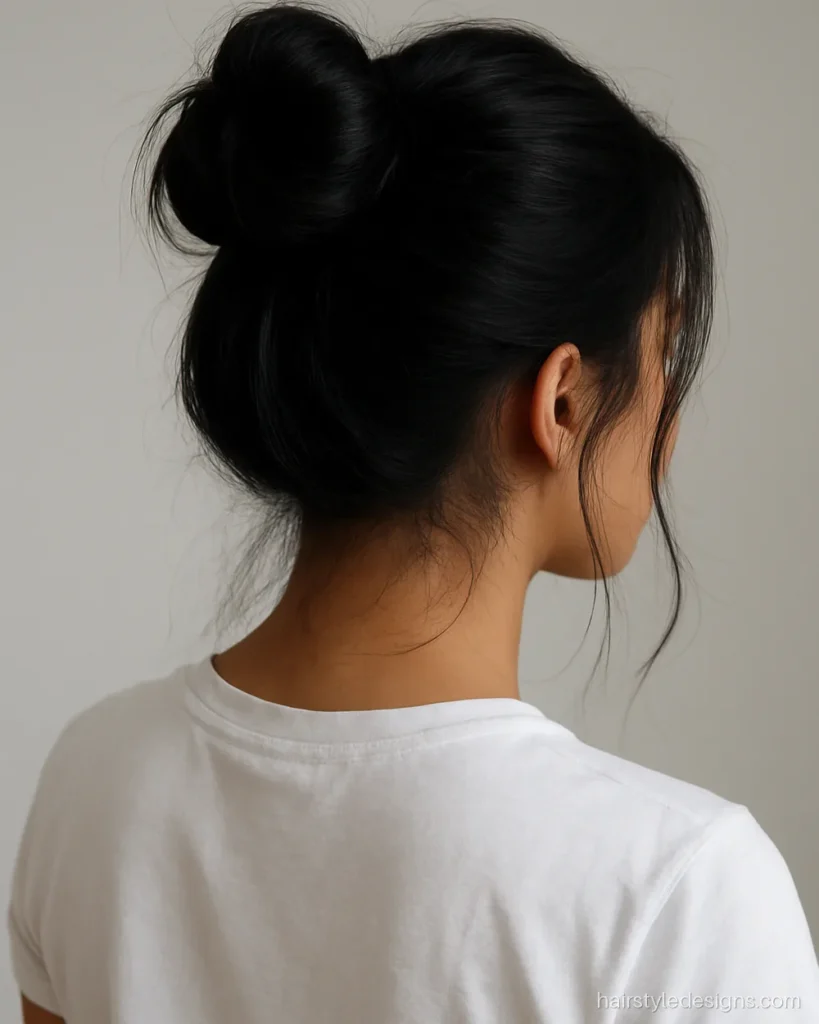 Messy bun hairstyle at the crown with loose pieces for everyday wear