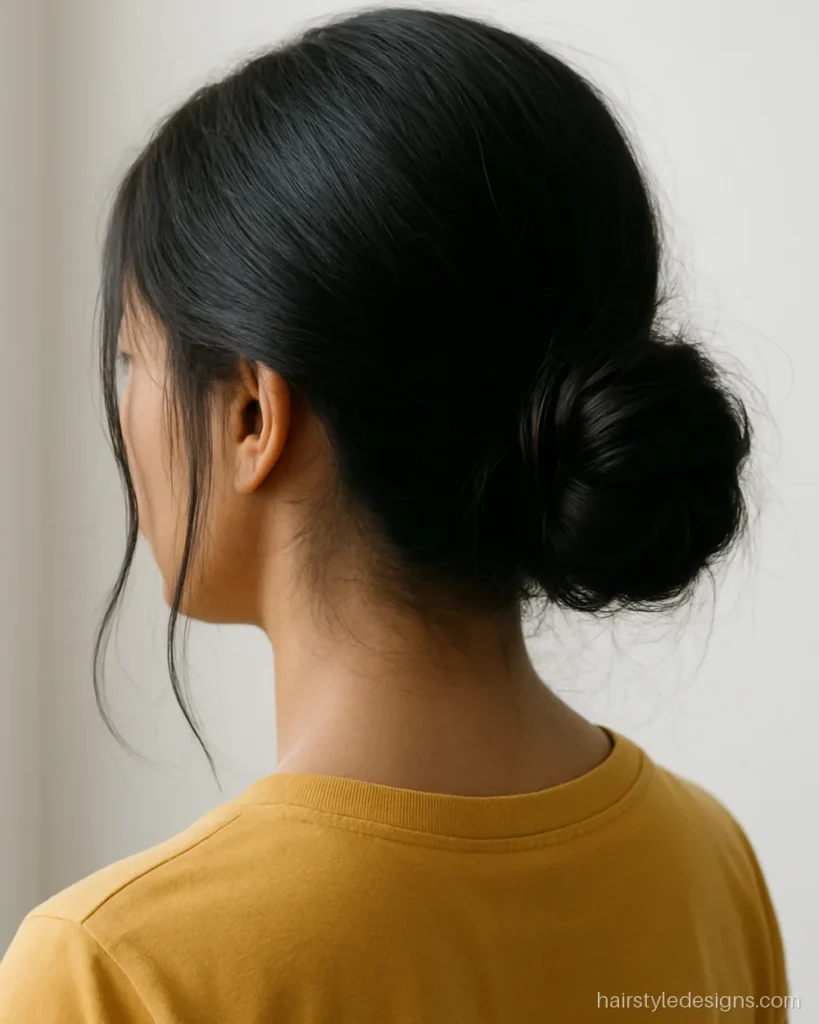 Messy bun hairstyle for girls with a side part and front strands