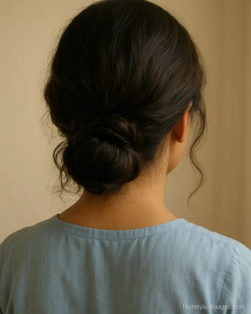 Messy low bun hairstyle with wavy texture sitting at the nape