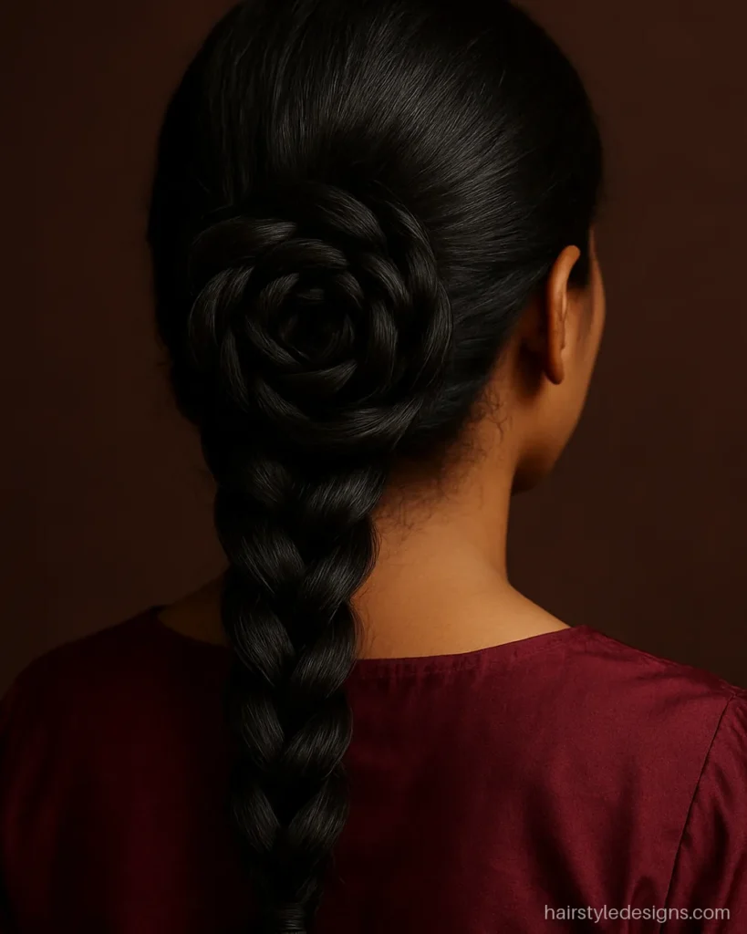 Rose bun hairstyle made from a braid coiled like petals