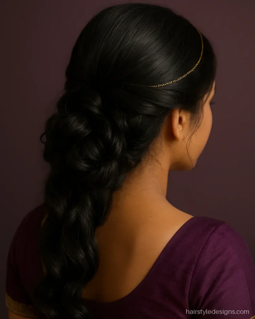 Side bun hairstyle with curls and a gold matha patti for weddings